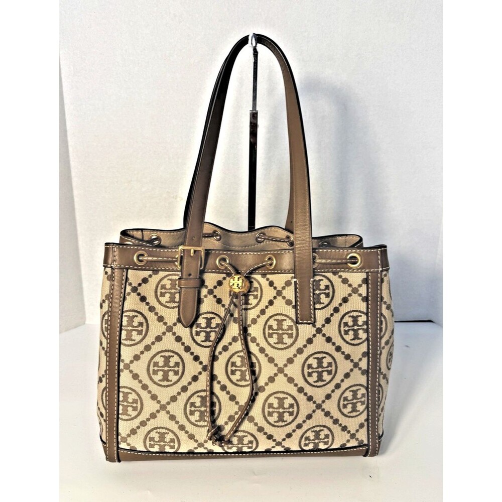 Tory Burch T Monogram Jacquard Logo Tote Bag Large Double Strap Cinch Drawstring